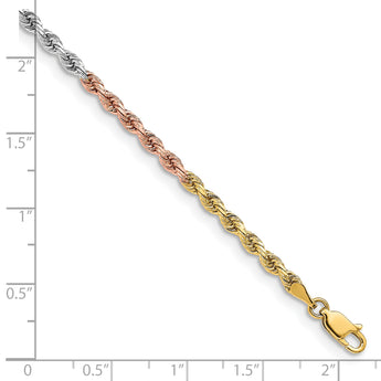 14K Tri-colored 7 inch 3mm Diamond-cut Rope with Lobster Clasp Chain