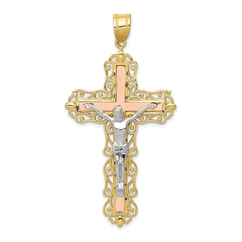 10K Tri-color Diamond-cut Crucifix Pendant