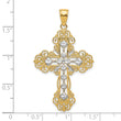 10K & Rhodium Polished & Textured Diamond Pattern Cross Pendant