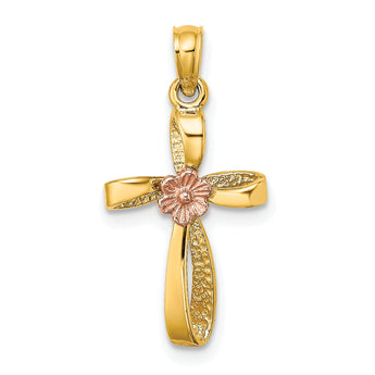 10K Two-Tone Twisted Cross w/ Heart Charm