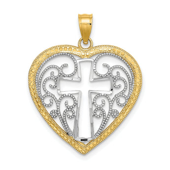 10K W/ RhodiumCut-Out Beaded Filigree Heart W/ Cross Charm