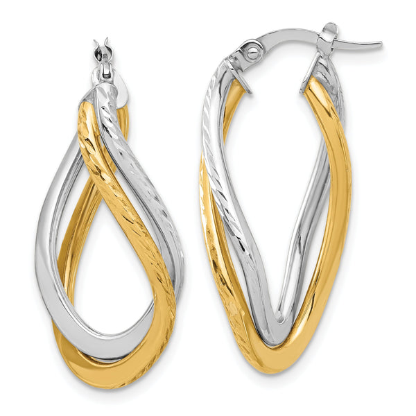 10K Two-tone Polished and Diamond-cut Twist Hoop Earrings