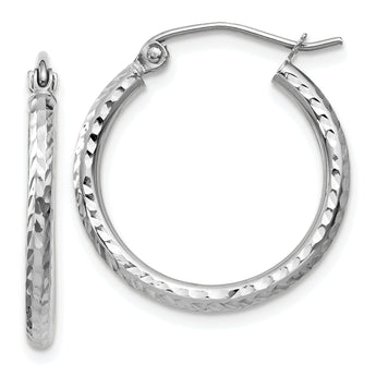 10k White Gold Diamond-cut 2mm Round Tube Hoop Earrings