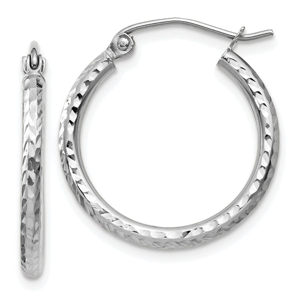 10k White Gold Diamond-cut 2mm Round Tube Hoop Earrings