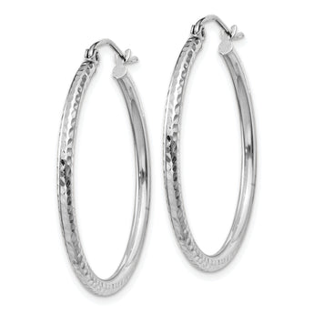 10k White Gold Diamond-cut 2mm Round Tube Hoop Earrings