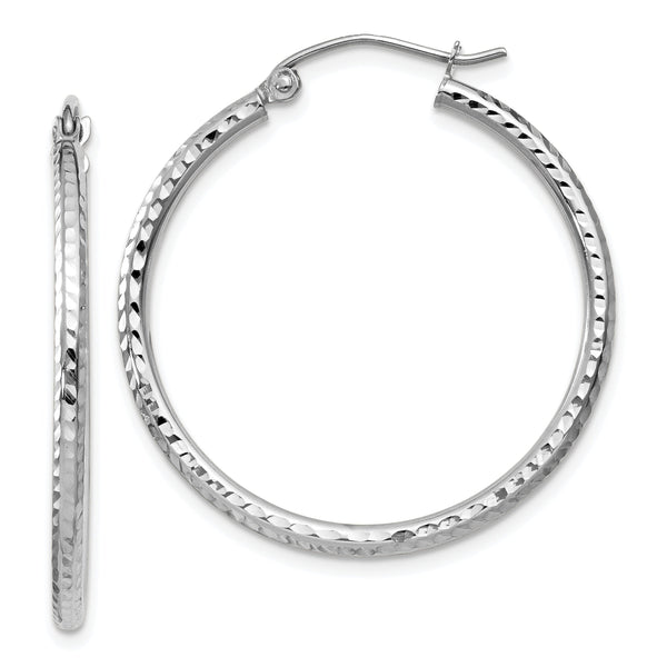 10k White Gold Diamond-cut 2mm Round Tube Hoop Earrings