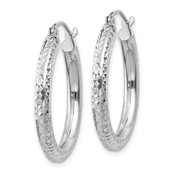10k White Gold Diamond-cut 3mm Round Hoop Earrings