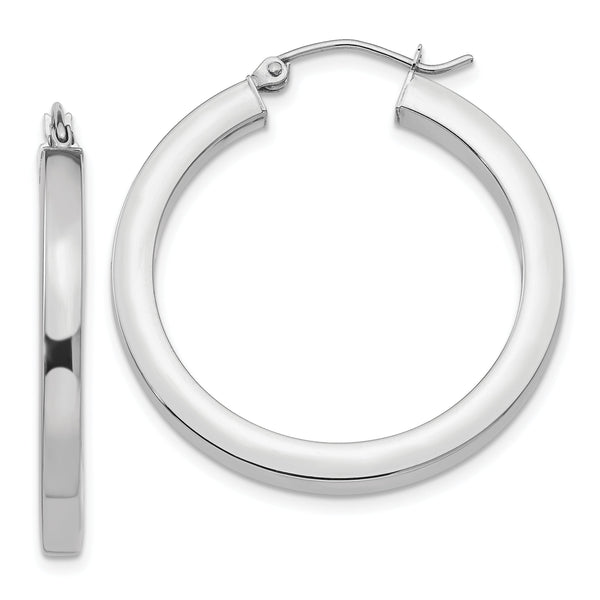 10k White Gold 3mm Polished Square Tube Hoop Earrings