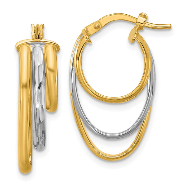10K W/White Rhodium Polished 3-row Oval Hoop Earrings