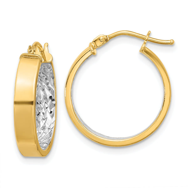 10K W/White Rhodium Polished and Diamond-cut Hoop Earrings