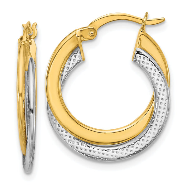 10K with Rhodium Polished and Textured Fancy Hoop Earrings
