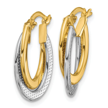10K with Rhodium Polished and Textured Fancy Hoop Earrings