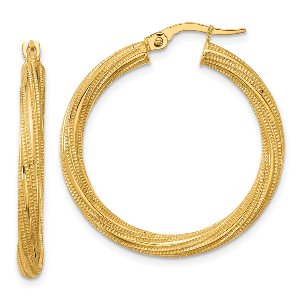10k Polished and Textured Twisted Tube Hoop Earrings