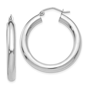 10k White Gold Polished 4mm Lightweight Tube Hoop Earrings