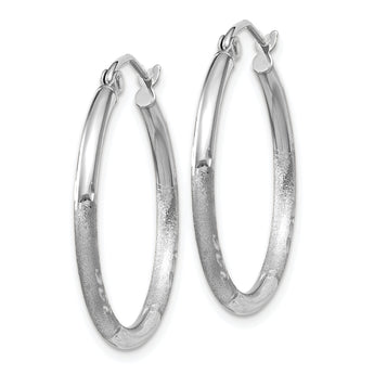 10k White Gold Satin and Diamond-cut 2mm Round Hoop Earrings