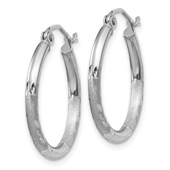 10k White Gold Satin and Diamond-cut 2mm Round Hoop Earrings