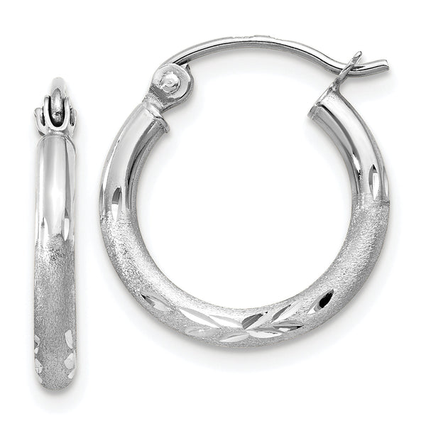 10k White Gold Satin and Diamond-cut 2mm Round Hoop Earrings