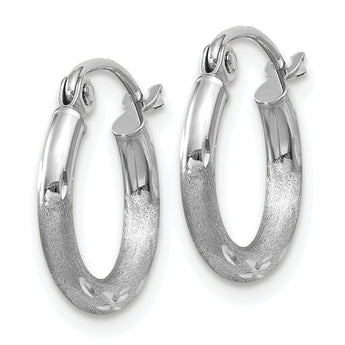 10k White Gold Satin and Diamond-cut 2mm Round Hoop Earrings