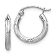 10k White Gold Satin and Diamond-cut 2mm Round Hoop Earrings