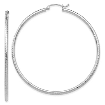 10k White Gold Diamond-cut 2mm Round Tube Hoop Earrings