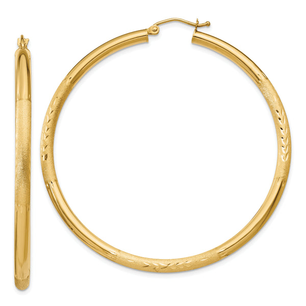 10k Satin & Diamond-cut 3mm Round Hoop Earrings