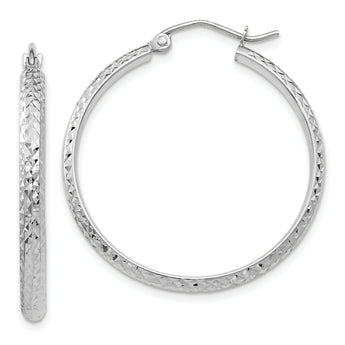 10k White Gold Diamond-cut 2.8x30mm Hollow Hoop Earrings