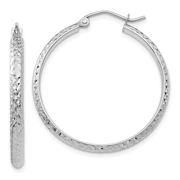 10k White Gold Diamond-cut 2.8x30mm Hollow Hoop Earrings