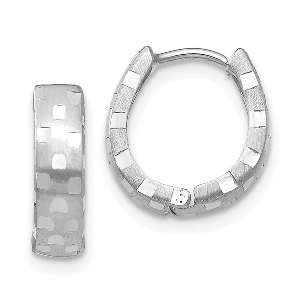 10k White Gold Diamond Cut 4mm Patterned Hinged Hoop Earrings
