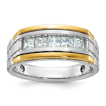 14k Two-tone Men's Polished Satin and Grooved 5-Stone 1 Carat Square Lab Grown Diamond Ring - Sophia Jewelers