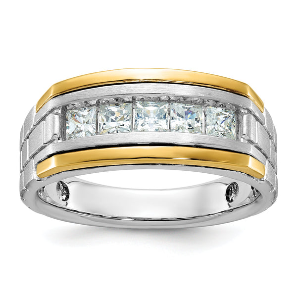 14k Two-tone Men's Polished Satin and Grooved 5-Stone 1 Carat Square Lab Grown Diamond Ring - Sophia Jewelers