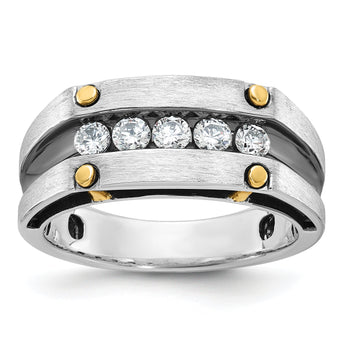 14k Two-tone with Black Rhodium Men's Polished Satin and Grooved 5-Stone 1/2 Carat Lab Grown Diamond Ring - Sophia Jewelers