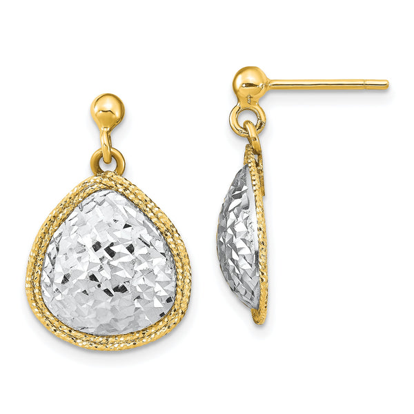 14k Two-Tone Polished D/C Teardrop Post Dangle Earrings
