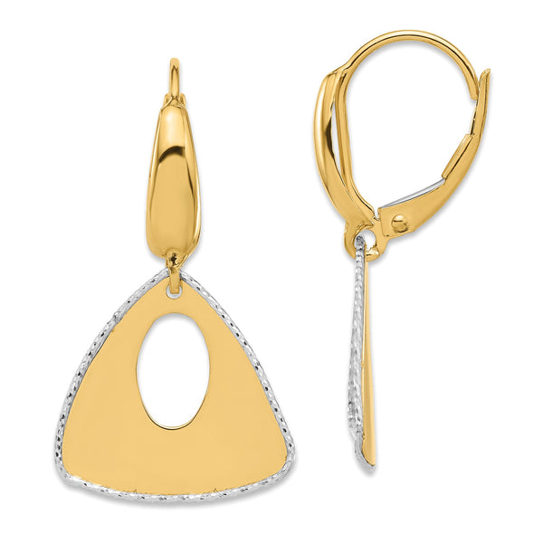 14K Two-tone Polished and Dia-cut Triangle Dangle Leverback Earrin