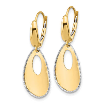 14K Two-tone Polished and Dia-cut Teardrop Dangle LeverbackEarring