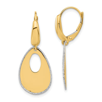14K Two-tone Polished and Dia-cut Teardrop Dangle LeverbackEarring