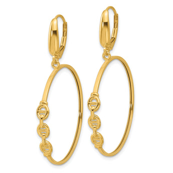 14K Polished Link Design Leverback Hoop Earrings