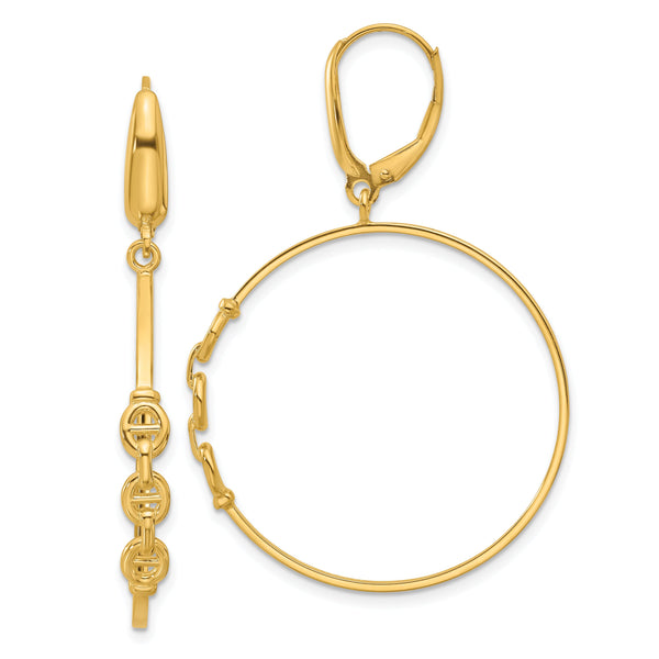 14K Polished Link Design Leverback Hoop Earrings
