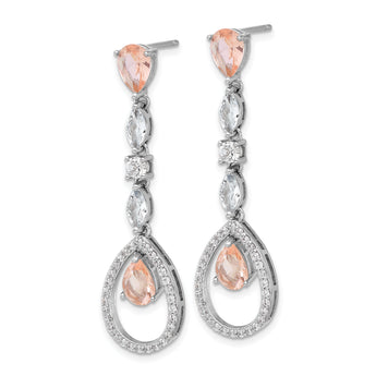 Cheryl M Sterling Silver Rhodium-plated Fancy Brilliant-cut Simulated Morganite/ White Marquise-cut and Brilliant-cut CZ Teardrop Post Dangle Earrings