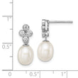 Sterling Silver Rhodium Plate Clear CZ and 7-8mm White Freshwater Cultured Pearl Dangle Post Earrings