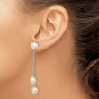Sterling Silver Rhodium Plated Three 6-9mm White Freshwater Cultured Pearl Dangle Post Earrings