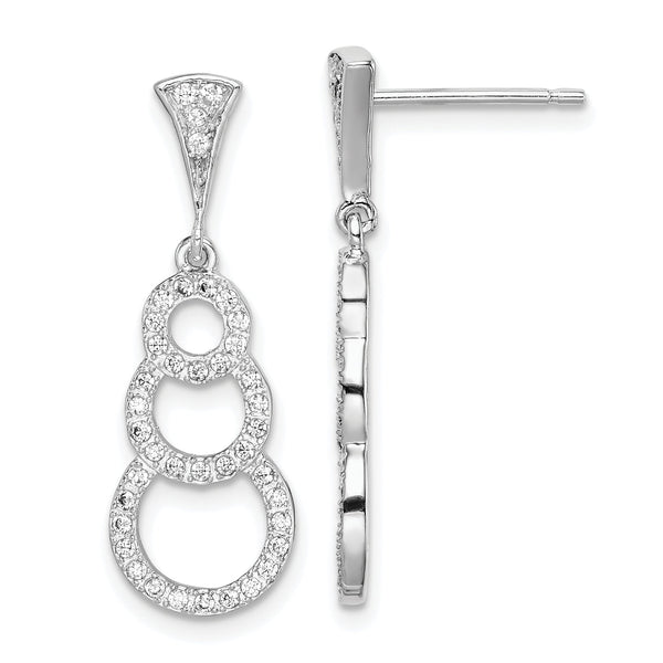 Sterling Silver Rhodium-plated CZ 3-Circles Dangle Post Earrings