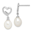 Sterling Silver Rhodium-plated 7-8mm Rice FWC Pearl CZ Heart Earrings