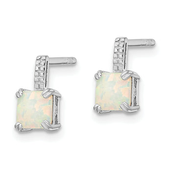 Sterling Silver Rhodium-plated Square White Created Opal Post Earrings