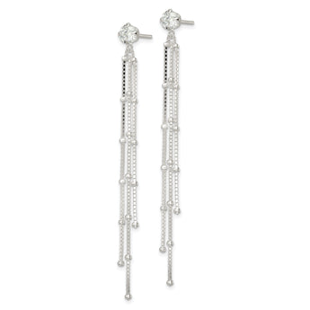 Sterling Silver Polished CZ & Beaded Chain Post Dangle Earrings
