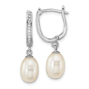 Sterling Silver Rhod-plated CZ 7 to 8mm Rice FWC Pearl Hoop Dangle Earring