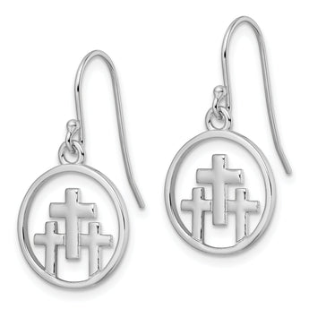 Sterling Silver RH-plated Polished 3 Crosses in Circle Dangle Earrings