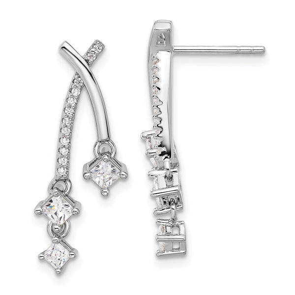 Sterling Silver Rhodium-plated Fancy CZ Dangle Post Earrings