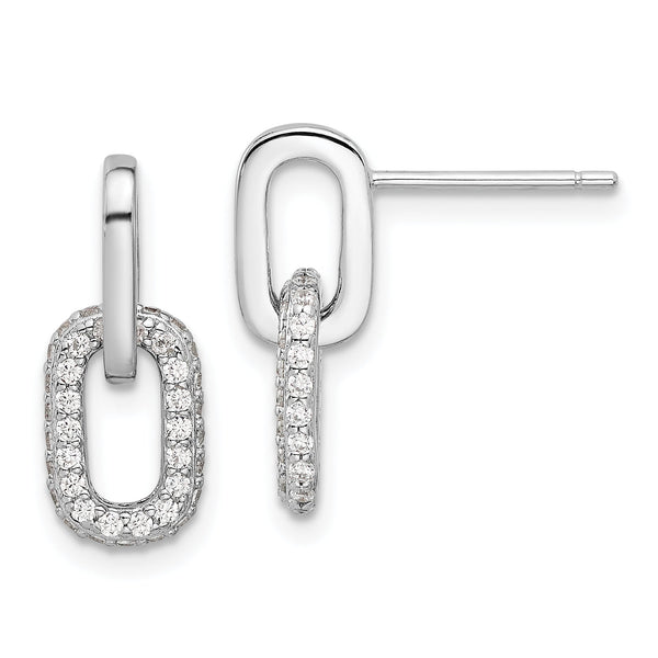 Sterling Silver Rhodium-plated Pave CZ Link Design Post Dangle Earrings