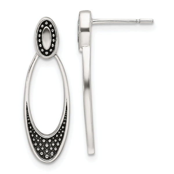 Sterling Silver Polished and Antiqued Oval Post Earrings