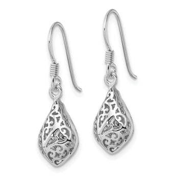 Sterling Silver Rhod-plated Polished Puffed Teardrop Filigree Earrings